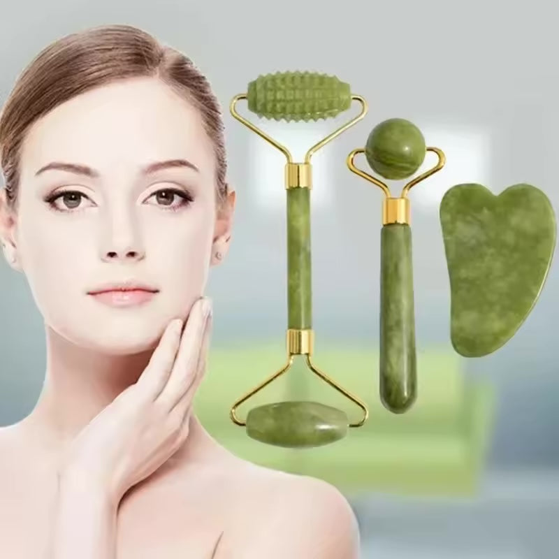 Woman touching her cheek next to the 3-piece natural stone roller and gua sha set