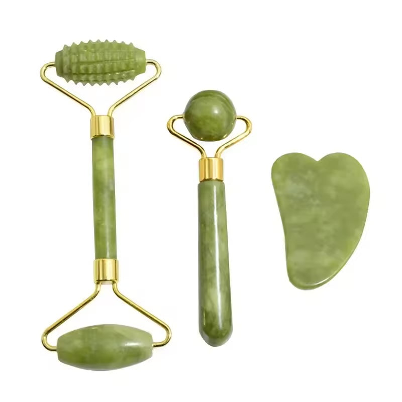 3-piece natural stone roller and gua sha set on white background: textured double roller, ball roller and heart-shaped gua sha